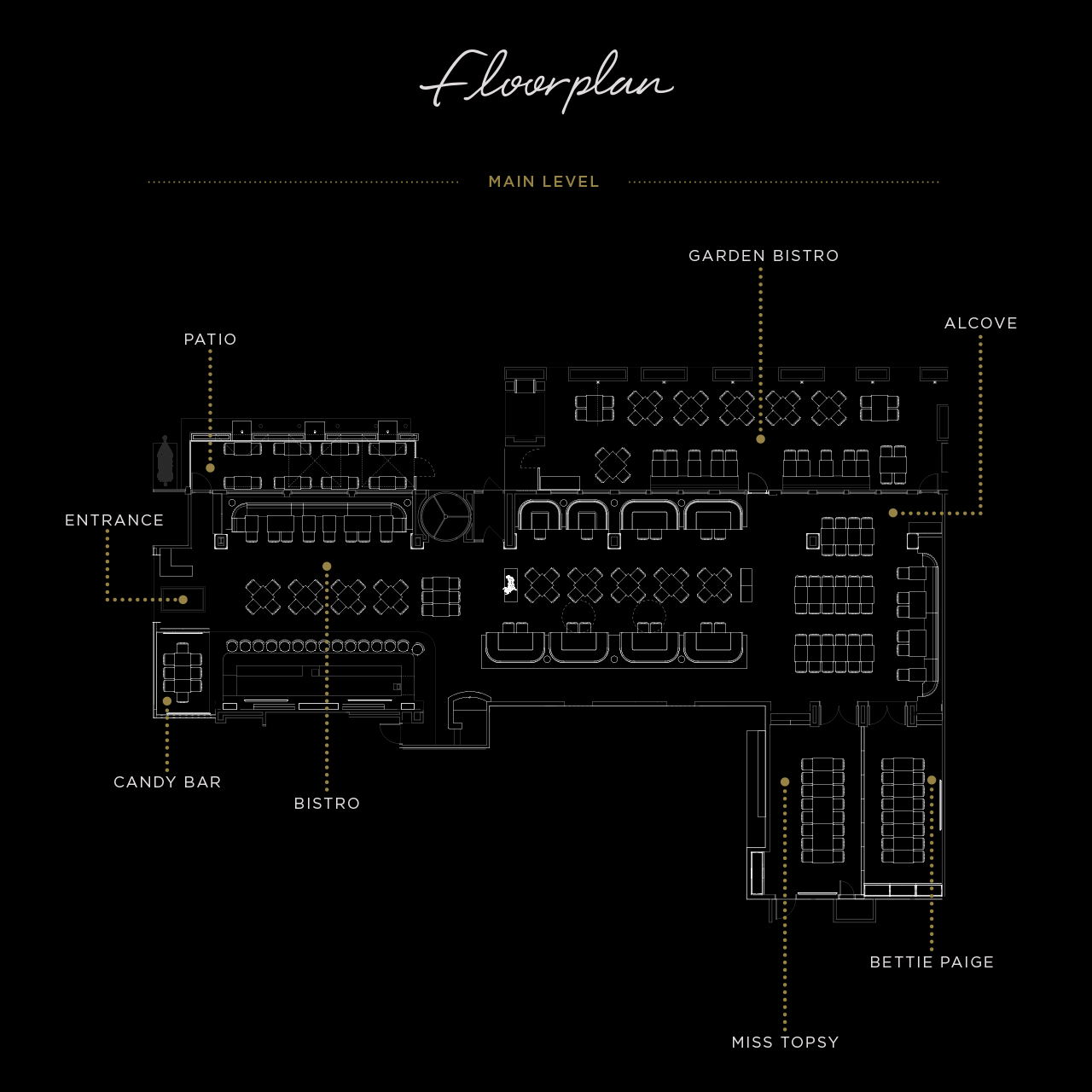 Black and white restaurant floor plan for Oak Brook. Main level showing a horizontal layout with labeled areas including Patio and Entrance on the left, Candy Bar and Bistro in the lower left, a central dining space with rows of tables and curved booths. All drawn in fine white lines on a black background.