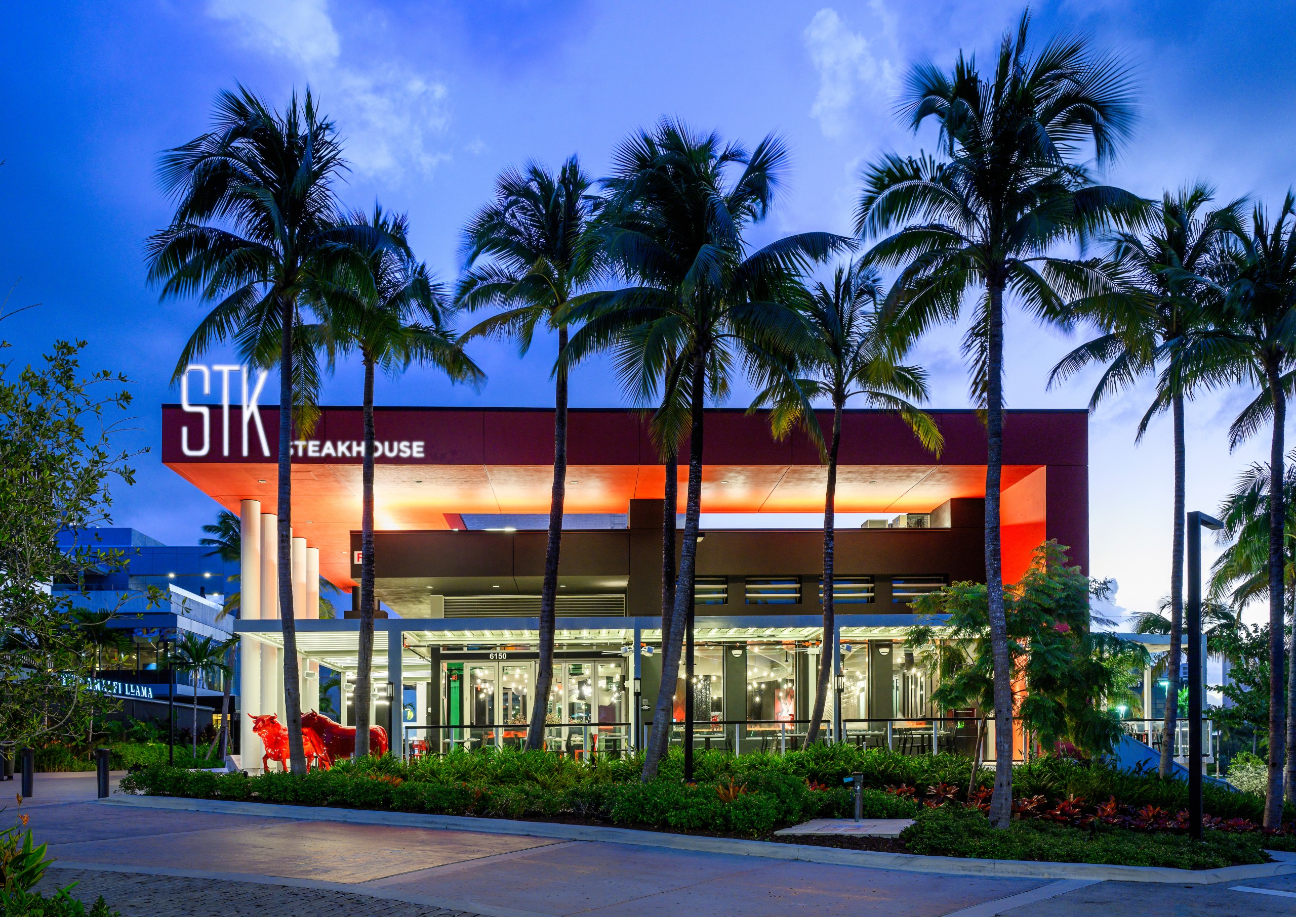 Evening exterior of STK Steakhouse with modern red and black facade, tall palm trees in front, and glowing interior lights visible through large glass windows.