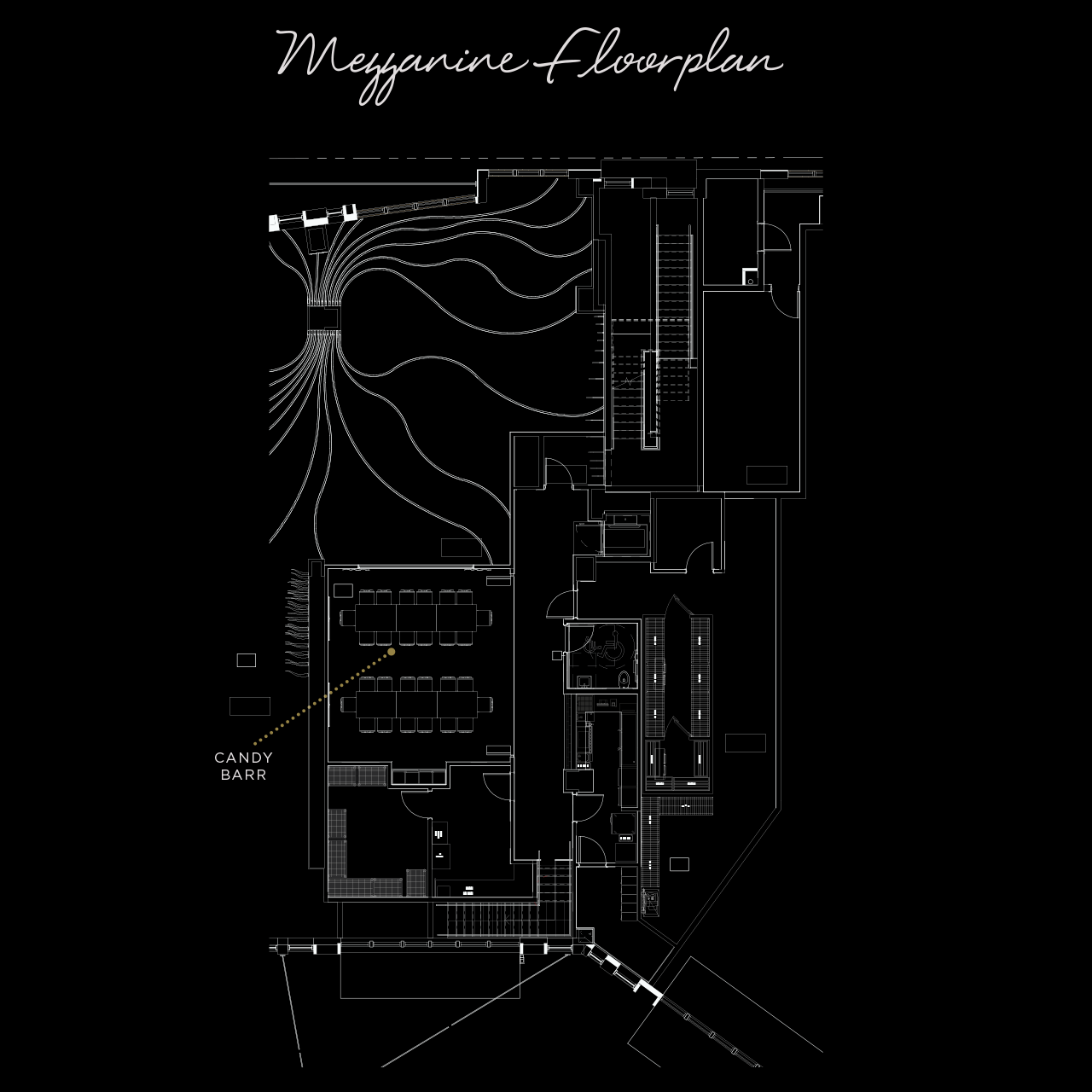 Black-and-white architectural mezzanine floor plan labeled ‘Mezzanine floorplan’ showing an upper-level layout with flowing, wave-like lines on the left, a labeled Candy Barr seating area with rectangular tables in the lower left, staircases and corridors to the right, and various rooms and service areas arranged around the central circulation paths on a black background.