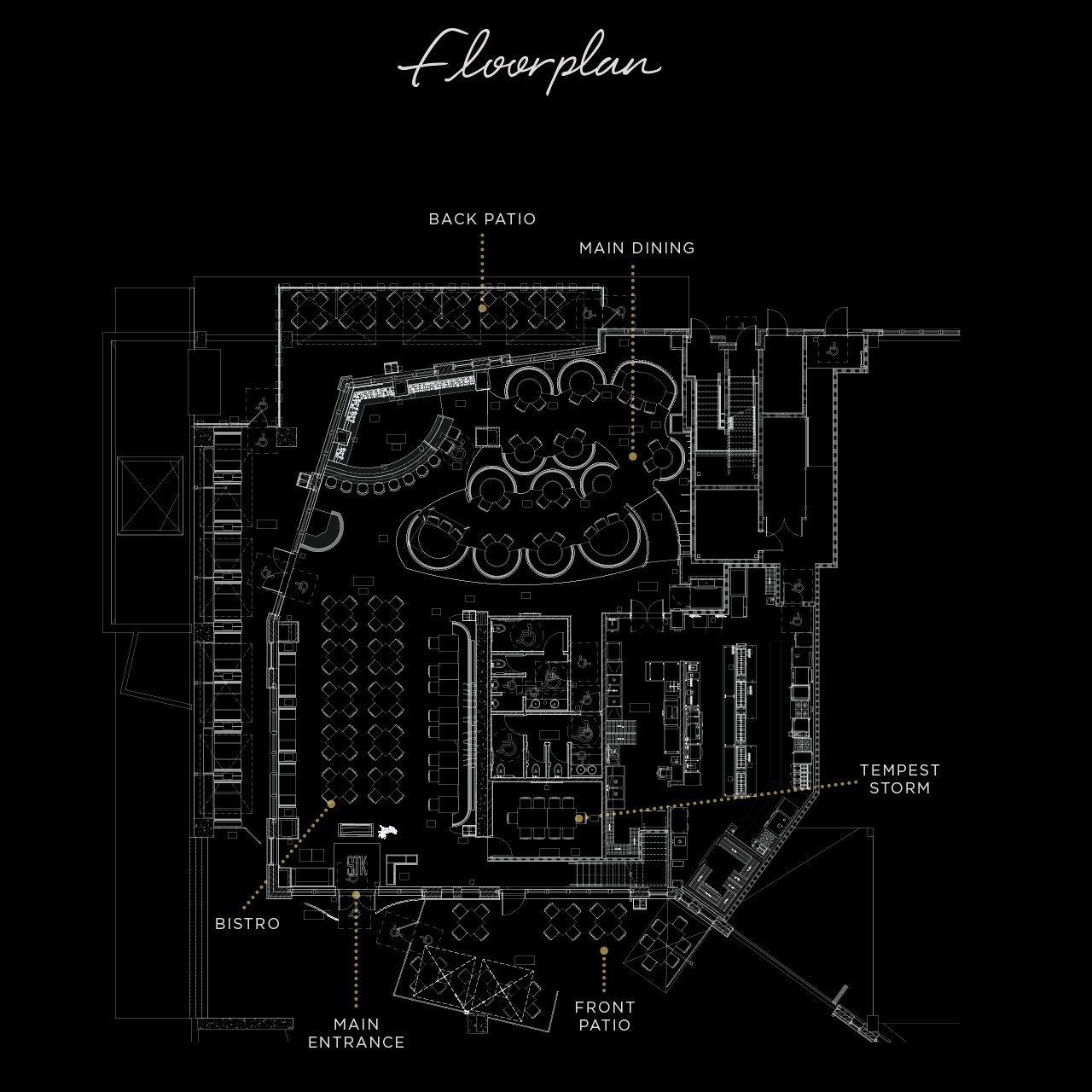 Black-and-white architectural floor plan labeled ‘floorplan’ showing a Salt Lake City restaurant layout with clearly marked areas for Back Patio at the top, Main Dining in the upper center, Tempest Storm bar/lounge area on the right, Bistro on the lower left, Front Patio at the bottom center, and Main Entrance at the bottom, with tables, bars, and circulation paths indicated in fine white linework on a black background.