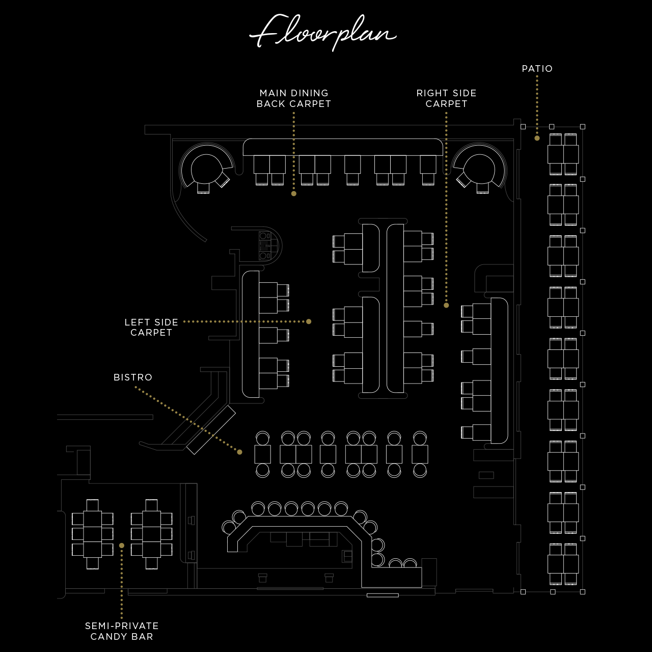 Black and white restaurant floor plan for Scottsdale showing a main dining area with rows of rectangular tables in the center, curved booths along the top, a patio with outdoor tables on the right, and labeled zones. All drawn in fine white lines on a black background.