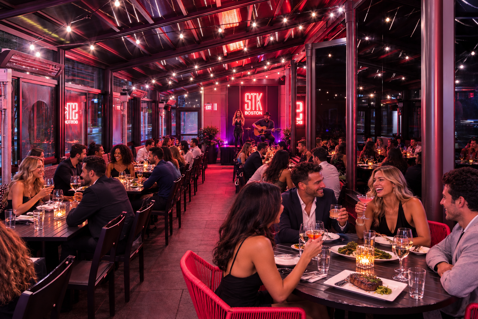 A filled STK Boston patio with people enjoying the night.